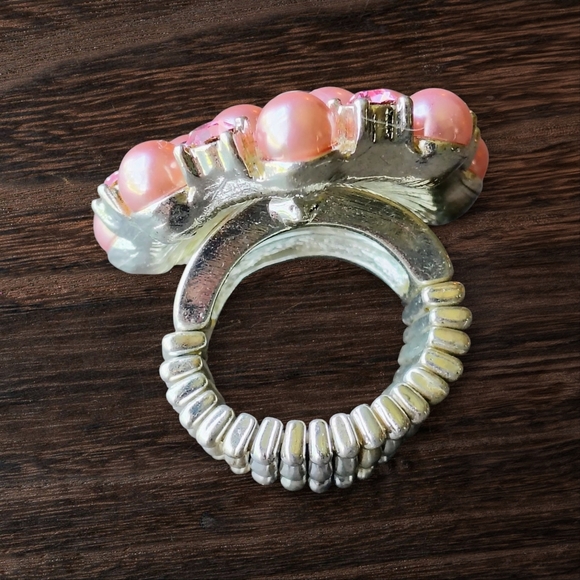 90s Vintage  Pink Faux Pearl & Rheinstone Adjustable Ring - Picture 5 of 8
